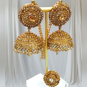 Elegant Champagne Stones & Dangling Crystal Jhumka Earrings With A Matching Ring